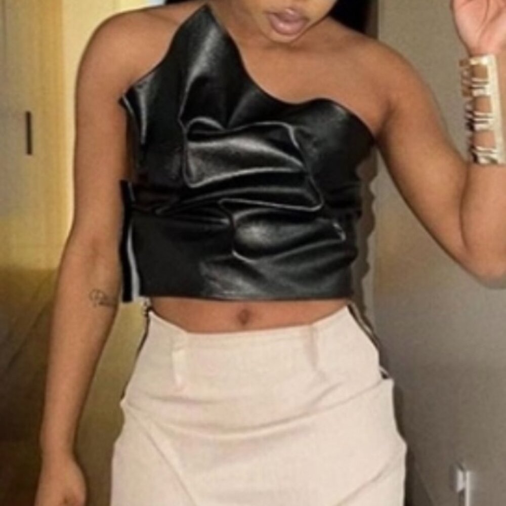 Black PU Leather Zip Cropped Tank Top